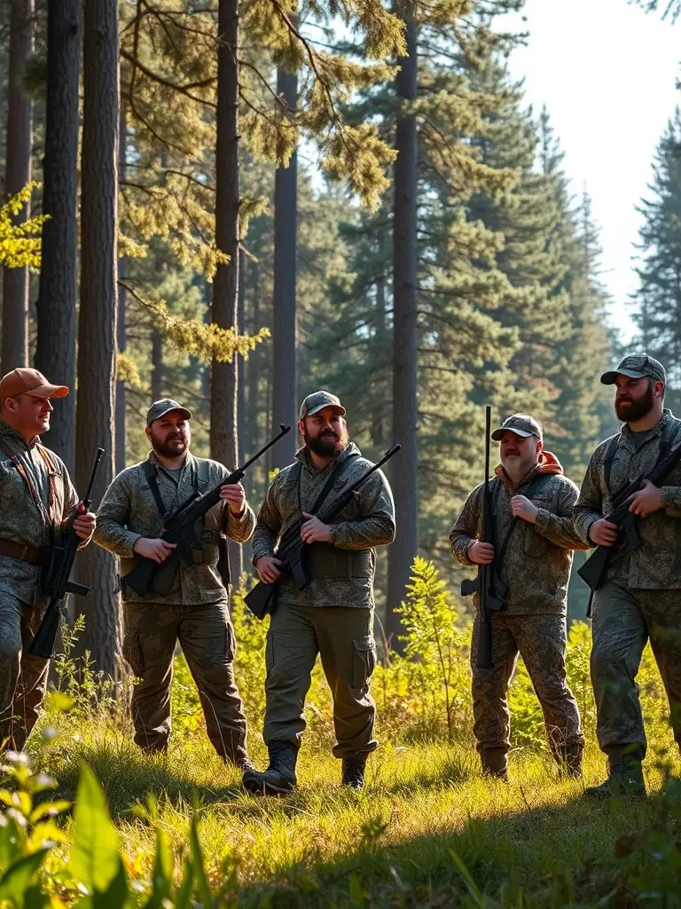 A photograph of hunters participating in a regulated hunting activity, demonstrating responsible hunting practices and adherence to local regulations in Saint-Privat.