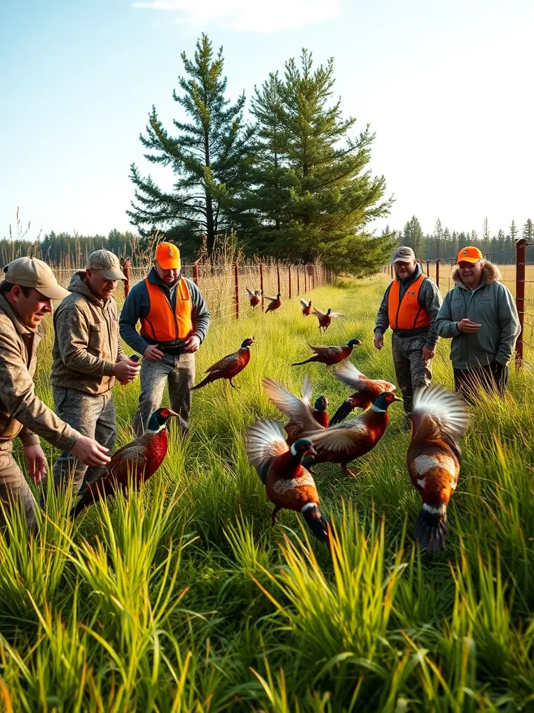 A photograph of a group of hunters releasing pheasants into a managed hunting area, showcasing the breeding and restocking program.