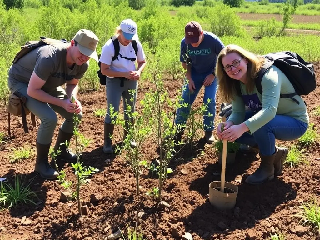 A photograph depicting volunteers planting native trees as part of a habitat restoration project organized by SOCIETE COMMUNALE DES CHASSEURS DE SAINT PRIVAT, showcasing community involvement in environmental conservation.