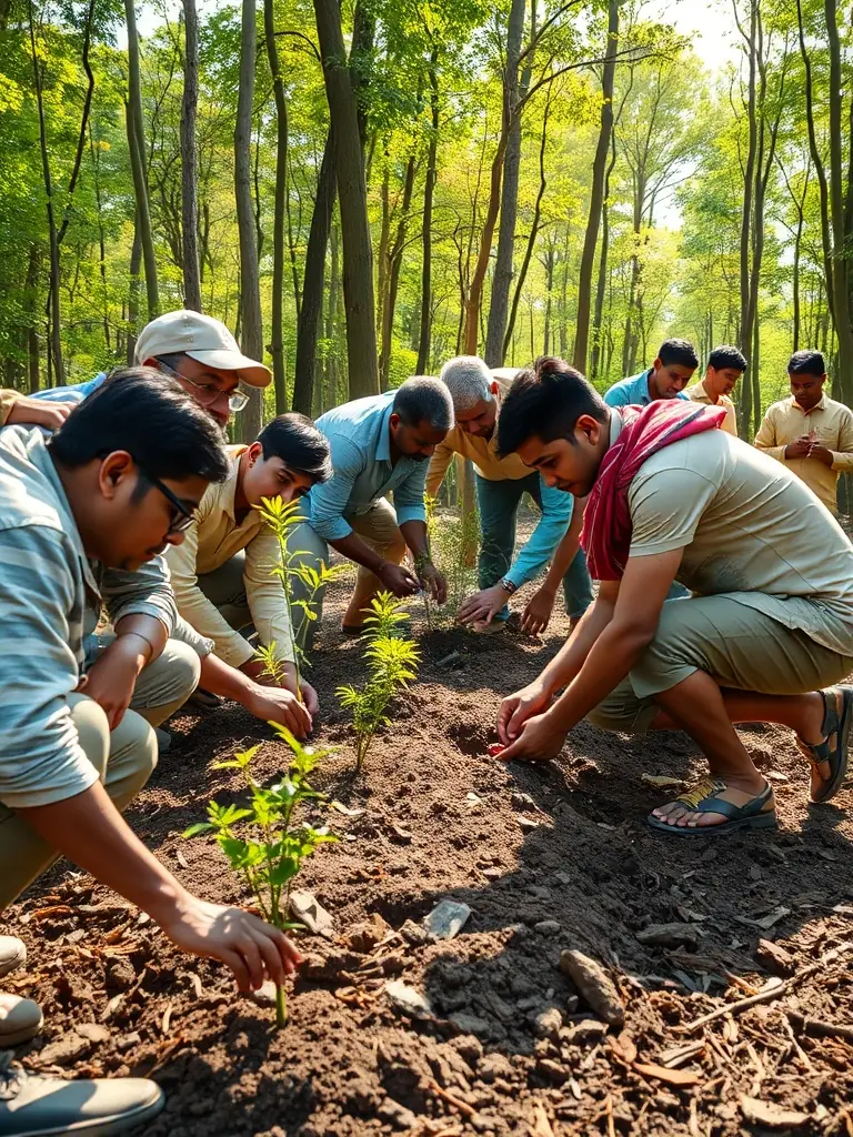 A photograph depicting a group of volunteers planting trees in a forest, illustrating habitat restoration efforts by SOCIETE COMMUNALE DES CHASSEURS DE SAINT PRIVAT.