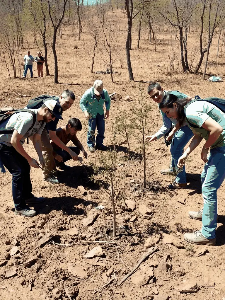 A photograph showcasing volunteers planting native trees as part of a habitat restoration project in Saint-Privat, France. The image should convey a sense of community involvement and environmental stewardship.