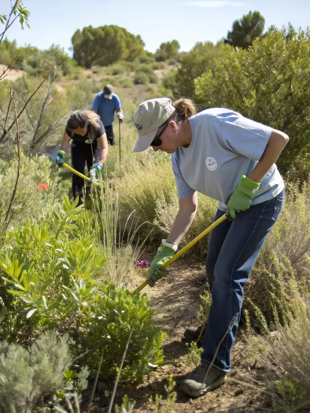 A photograph of a team removing invasive plant species from a protected area, demonstrating efforts to control nuisance species.
