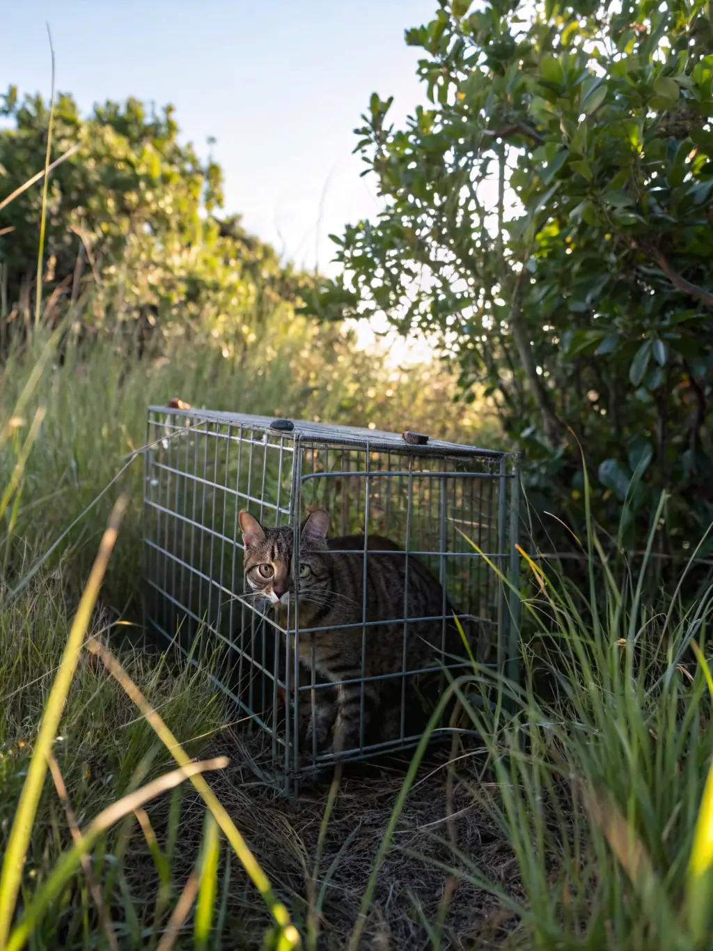 A photo of traps set to capture invasive species, demonstrating the control of nuisible species to protect native wildlife.