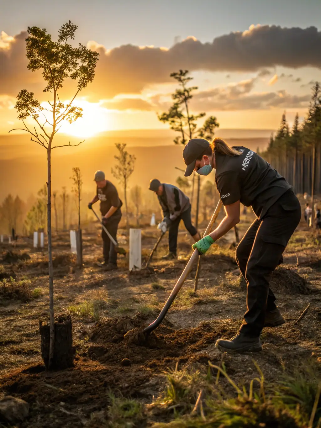 A photograph of volunteers planting native trees in a deforested area, illustrating habitat restoration efforts by SOCIETE COMMUNALE DES CHASSEURS DE SAINT PRIVAT.