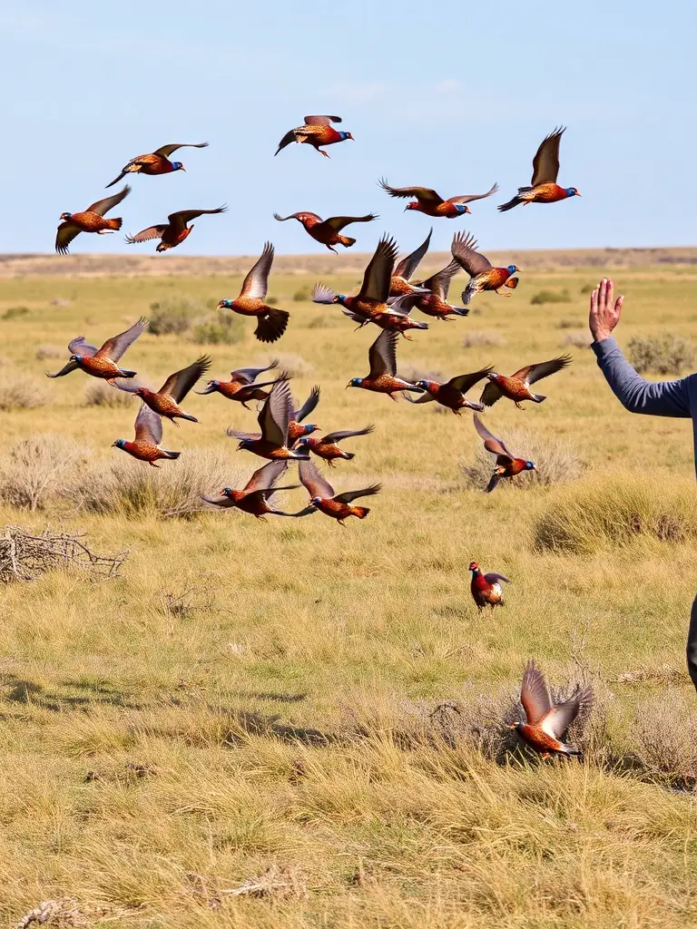 An image showing a wildlife expert releasing a group of pheasants into a managed hunting area, showcasing the breeding and restocking program.